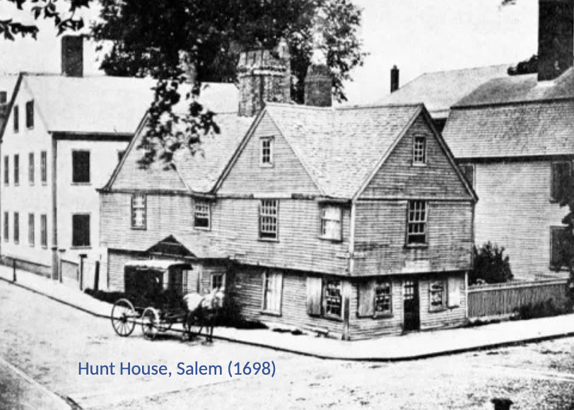 <p><span>Steeply pitched roof</span><br><span>Large chimney with decorative top</span><br><span>Rectangular in shape</span><br><span>Constructed of wood, with shingles in</span><br><span>northern areas, typically two stories (or</span><br><span>more)</span><br><span>Constructed of brick in southern areas,</span><br><span>typically smaller (1-1.5 stories) and with</span><br><span>dormers</span><br><span>Craftsmanship is typically more visible, as</span><br><span>these early houses were created by hand</span><br><span>with more simplistic tools</span></p>