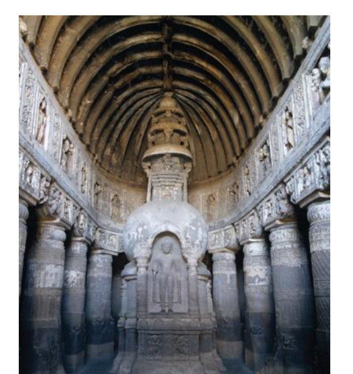 <p>(definition for chaitya hall) In India, a temple or shrine, especially a Buddhist prayer hall containing a stupa at one end where devotees gather to worship and meditate, often featuring intricate architecture and sculptures. </p>
