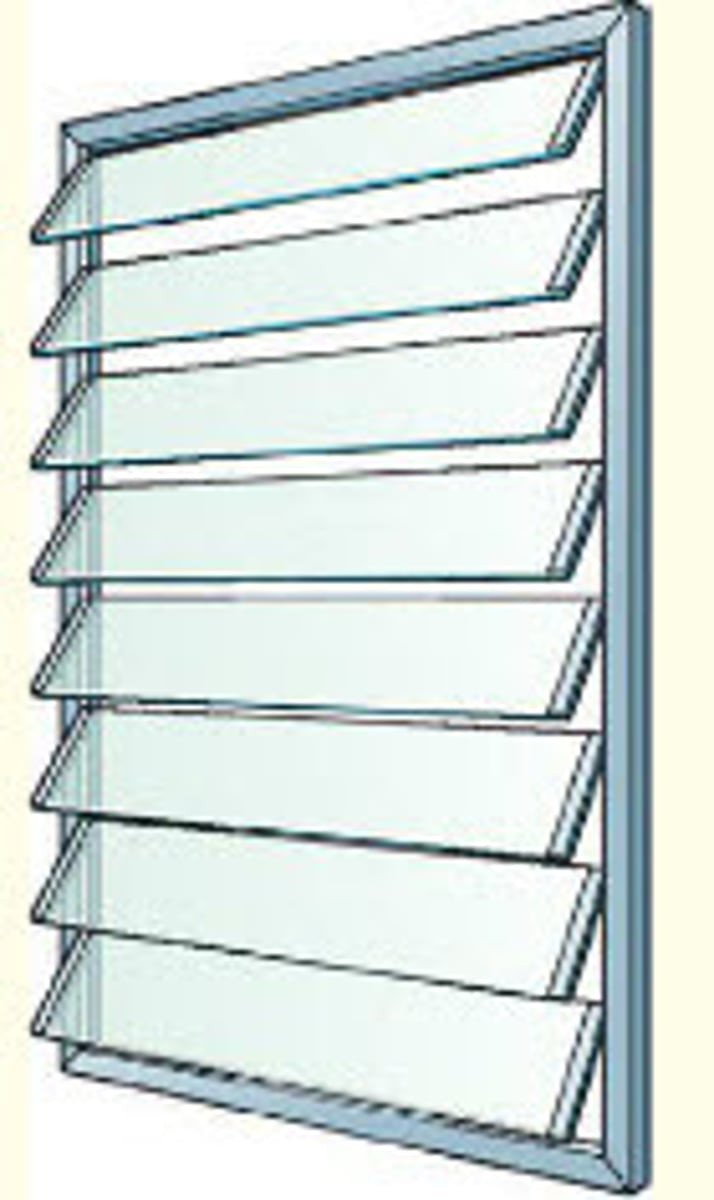 <p>consists of individual horizontal pieces of glass, about 3-4" wide that all pivot outward at once for ventilation</p><p>--when closed, the lower edge of each piece of glass overlaps the piece below it to prevent water from entering</p>