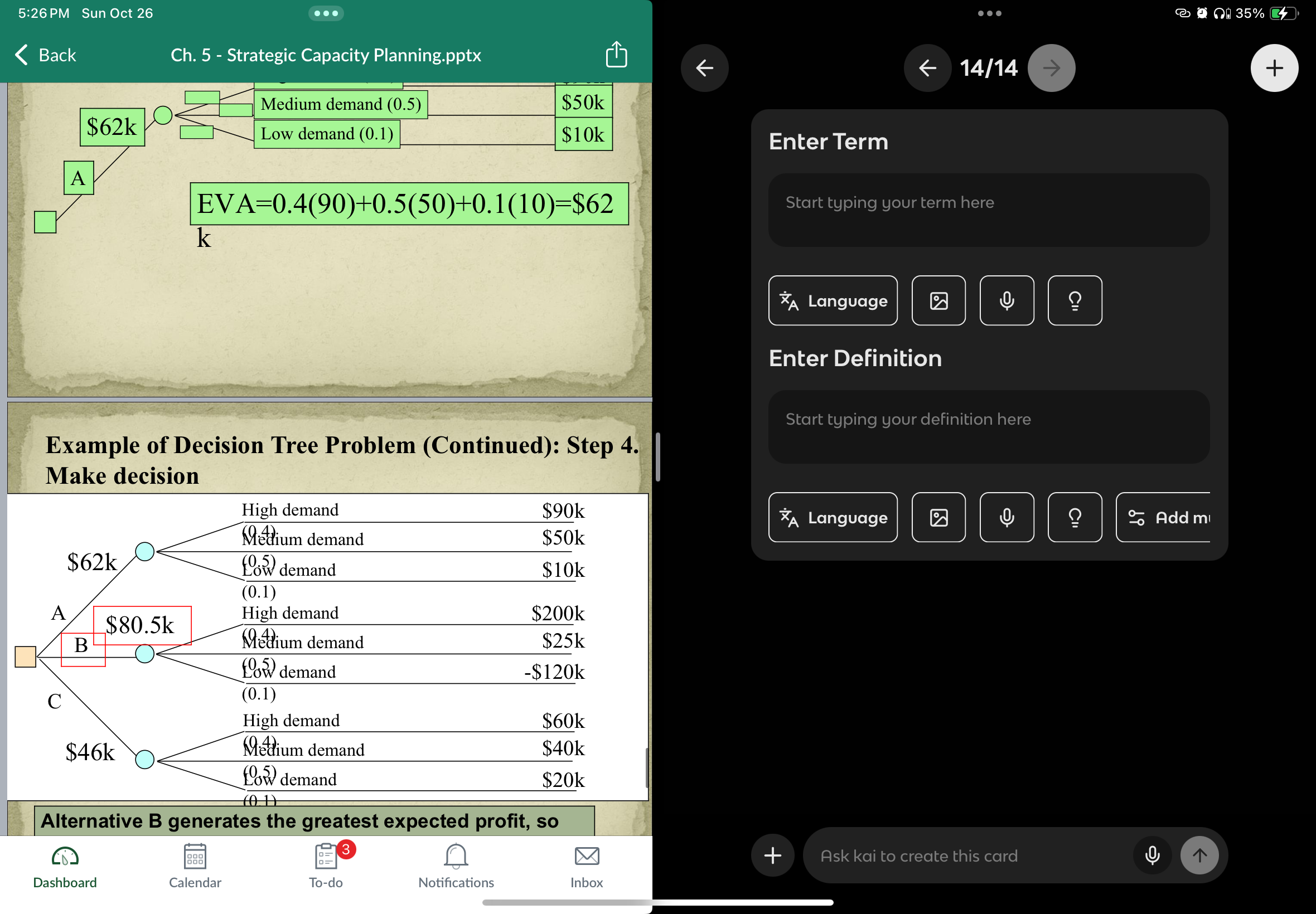 <p>step 1 draw decisions chart</p><p>step 2 add possible stsates of nature, probabilities and payoffs</p><p>step 3 determine the expected value of each decision</p><p>step 4 make decision </p>