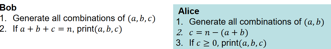 <p>Using Bob and Alice’s algorithm for finding all non-negative integers (a,b,c) such that a+b+c=n. What are both of the complexities?</p>