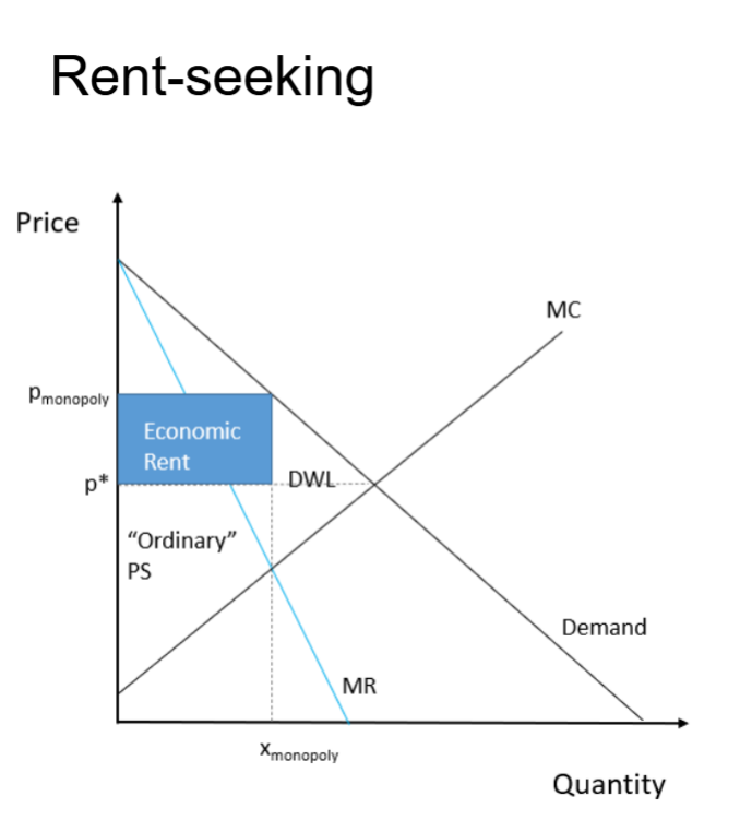 <p>Monopolists have an incentive to engage in anti-competitive behaviors or spend on lobbyists/ accountants/ lawyers to protect their access to economic rents</p>