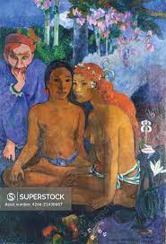 <ul><li><p>Post Impressionism</p></li><li><p>Gauguin left France for Tahiti</p></li><li><p>Shows two Tahitian women - half nude, concerned, trusting</p></li><li><p>European, fully dressed, claws on toes, painted with extreme ugliness</p></li></ul><p></p><p>Intended to be viewed by Europeans</p>