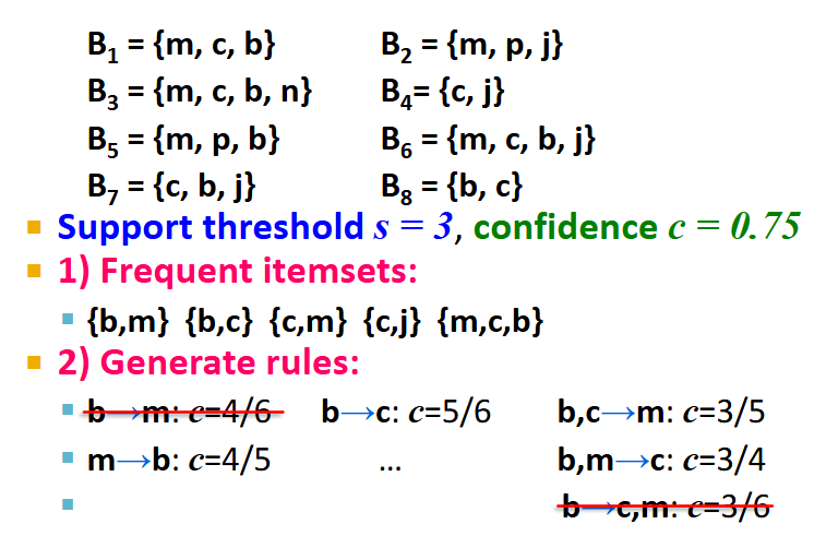 <p>problem/goal: find all association rules with support >= s and confidence >= c</p><p></p><p>hard part: finding frequent itemsets</p><ul><li><p>if I = {i1, i2, …, ik} → j has high support and confidence, then both {i1, i2, …, ik} and {i1, i2, …, ik, j} will be “frequent”</p></li></ul><p></p><p>procedure for mining association rules:</p><ol><li><p>find frequent itemsets I: I<sub>1</sub>, I<sub>2</sub>, …, I<sub>n</sub></p></li><li><p>generate rules</p><ul><li><p>for every subset A of a frequent itemset I<sub>n</sub>, generate a rule A → setDiff(I<sub>n</sub>, A)</p><ul><li><p>since I<sub>n</sub> is frequent, so is A</p></li></ul></li><li><p>compute the rule’s confidence </p><ul><li><p>keep in mind that if A→D is below confidence, so is A→CD</p></li><li><p>we can generate “bigger” rules from smaller ones</p></li></ul></li><li><p>output rules above confidence threshold</p></li></ul></li></ol><p></p>