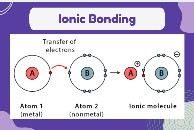 <ul><li><p>between a metal and non metal atom </p></li><li><p>electron transferred from one atom to another in order to get a noble gas configuration </p></li><li><p>the strong electrostatic attraction holds the ions together in an ionic bond </p></li><li><p></p></li></ul><p></p>