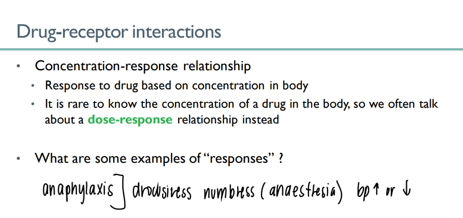 <p>see the body’s response to a particular DOSE of a drug, rather than constantly taking blood samples to find the CONCENTRATION of the drug in the body. </p>