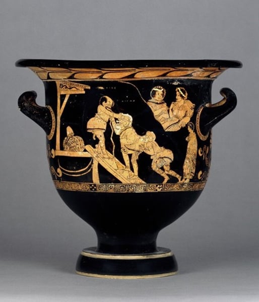 <p>- scene from an unknown comedy thought to show a parody of the myth where cheiron the centaur is healed by Apollo</p><p>- indicates the important role of slapstick and farce in comedy</p><p>- the staging has supposedly been set up to represent the temple of Apollo at Delphi</p><p>- the comic actor at the top of the stairs is labelled 'Xanthias' - a common name for slave characters in comedy</p><p>- he wears a short tunic over a padded one-piece suit with a groteque mask and visible phallus</p><p>- the actor walking up the stairs is labelled 'Cheiron'</p><p>- the actor behind him represents the rear of the centaur in similar fashion to a modern pantomime horse</p><p>- both are depicted with grotesque masks with shaggy white hair and eyes closed due to blindness</p><p>- the front actor also uses a walking stick to present age</p><p>- the two women at the top are comic reprisentations of the nymphs of the sacred stream Cheiron bathed in in the myth</p><p>- the young man behind is thought to reprisent Achilles, who was tutored by Cheiron in mythology</p>