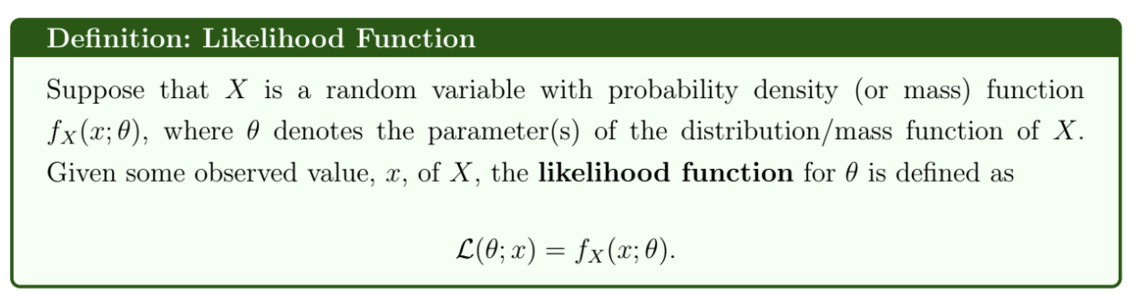 <p>The likelihood function is the probability density / mass function of X, but considered to be a function of $$\theta$$ for fixed X</p><p></p><p>For multiple observations X, the likelihood is the joint probability density / mass function of X. If the values of Xi are independent, it is the product of their pdf/pmfs.</p>