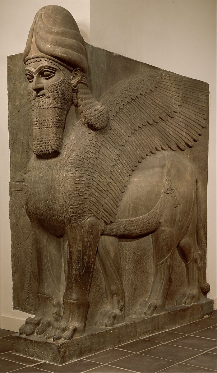 <p>monumental stone sculptures of human-headed, winged bulls, lions that guarded the entrances to Mesopotamian palaces &amp; temples</p>