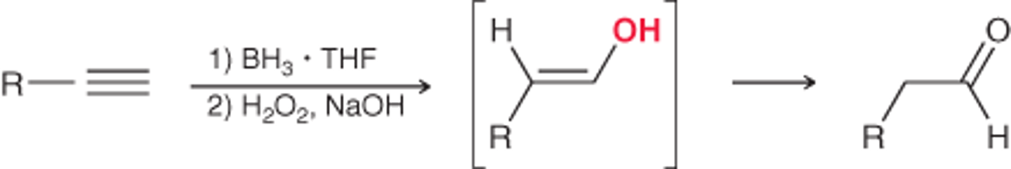<p>proceeds via tautomerization</p><p>keto favored at equilibrium over enol (two structural isomers)</p>