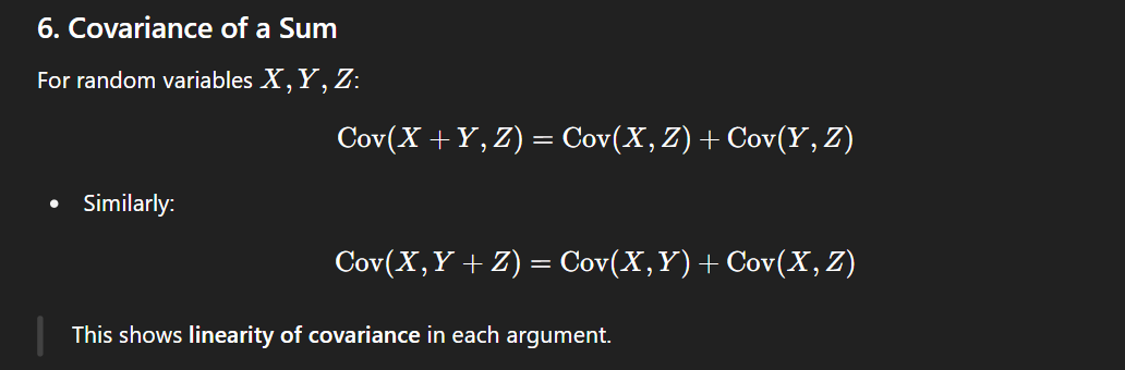 <p>Cov(X+Y,Z)=Cov(X,Z)+Cov(Y,Z)</p><p>and</p><p>Cov(X,Y+Z)=Cov(X,Y)+Cov(X,Z)</p>