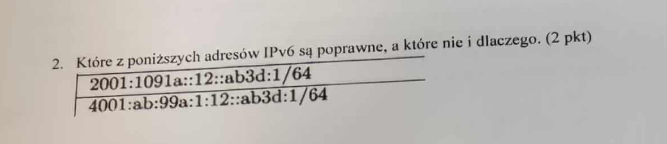 <p>Które z poniższych adresów IPv6 są poprawne, a które nie i dlaczego.</p>