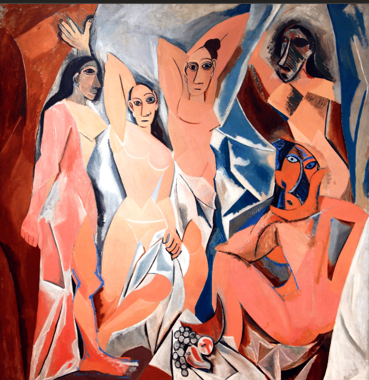 <p>This Proto-Cubist painting fractures the female body into sharp planes and mask-like faces influenced by African art.</p>