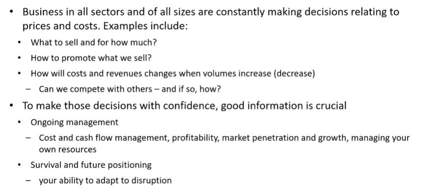 <p>These are all decisions that people have to make when running a business.</p><p>But in order to make good decisions, you need good information.</p><p> </p><p>Cash flow management example:</p><p>If you want to out and buy a brand new machine tomorrow, do you have the finances for it? Do you actually<span>  </span>have cash in the bank right now to go buy that new thing?</p><p>If you don't, what decisions do you have to make?</p><p>Go to the bank and get a loan, what if something that is crucial to your business pops up and you cannot buy it because you've now utilized all your cash on something else.</p>