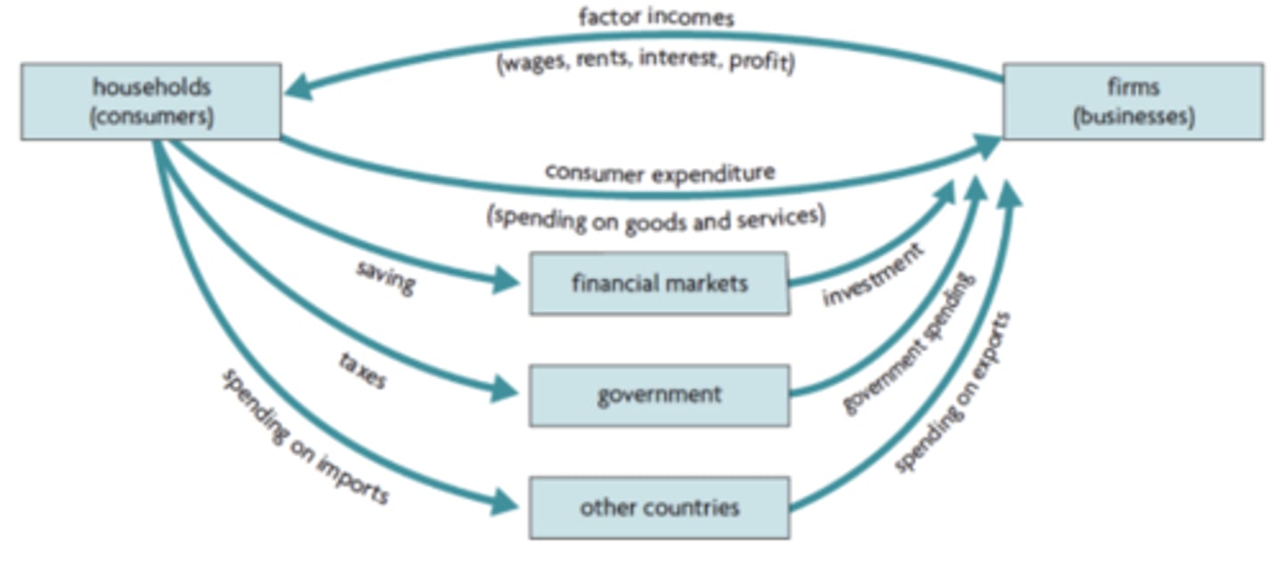 <p>What does the circular flow model (with leakages and injections) demonstrate?</p>