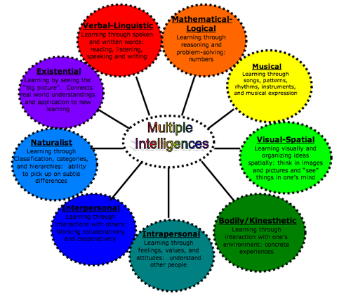 visual/spatial
verbal/linguistic
musical/rhythmic
logical/mathematical
bodily kinesthetic
interpersonal 
intrapersonal
naturalistic