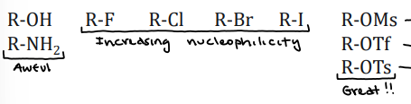 <p>The better the leaving group, the more stable the leading group, the faster the reaction</p>