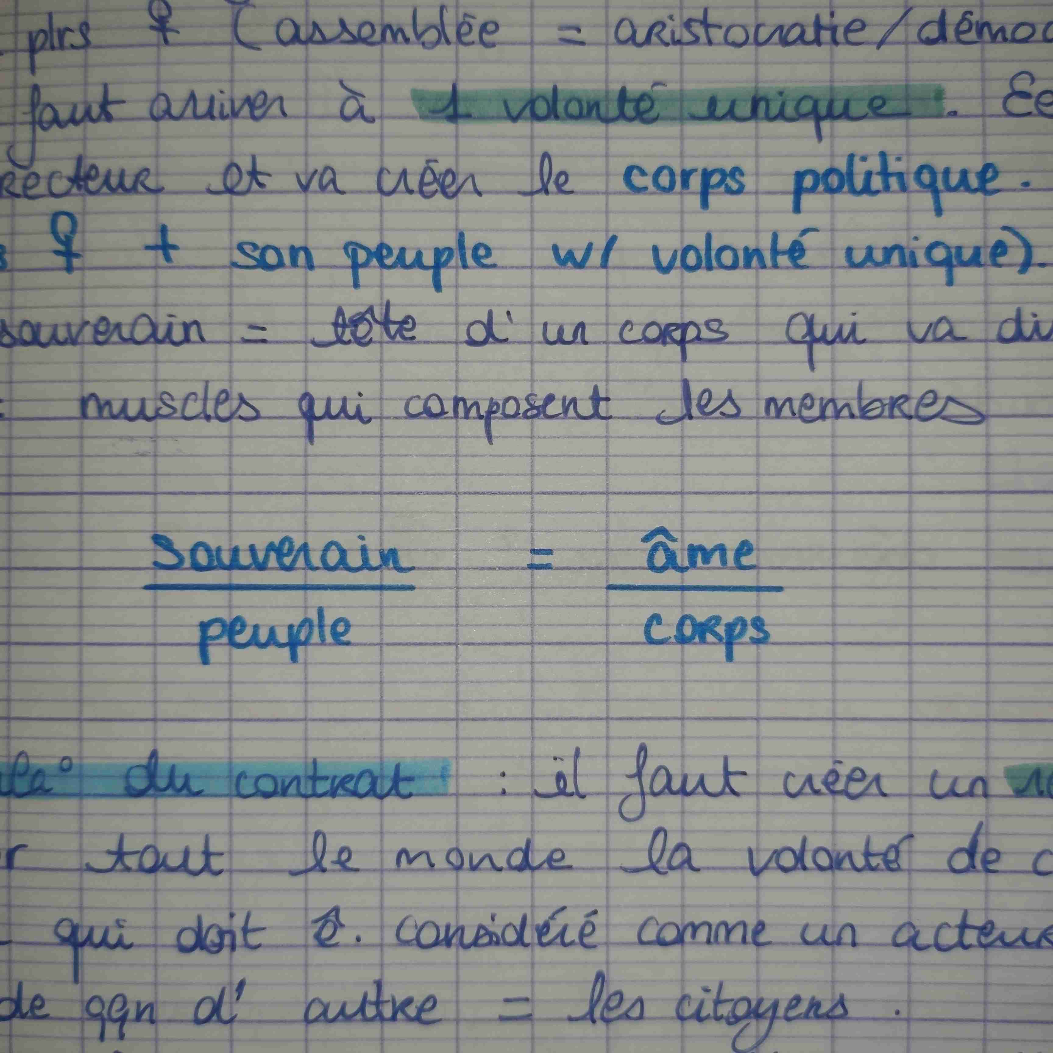 <p>- <strong><span style="color: blue">but</span></strong> : garantir sécu interne et externe + bonheur (besoins) impossibilité d'ê. happy ds l'insécu mais peut pas rejeter la faute sur l'état </p><p><br>- <strong><span style="color: blue">création d'un état</span></strong> = point de convergence des puissances d'1 volonté unique -> corps pol. (souverain + peuple) / contrat autorisa° carte blanche au représentant (déléguer + ê. d'acc) / abandon droit naturel = lib. absolue = opposi°, obstacle pr la sécu de tous </p><p><br>- <strong><span style="color: blue">naissance du lévia</span></strong> : unifica° = obéissance / puissance publique "dieu mortel" tuable mais pouv vie/mort, permis/interdit + terreur, indestructible (écailles)</p>