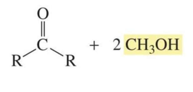 <p>Aldehyde/ketone + alcohol</p><p>(reverse reaction, reactions of aldehydes and ketones w/ alcohol)</p>