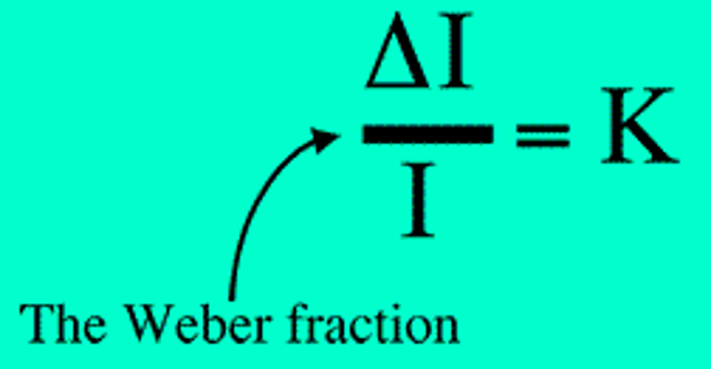 <p>ΔI/I = K</p><p>I = Background Intensity</p><p>K = Weber's Fraction</p><p>ΔI = Incremental Threshold</p>