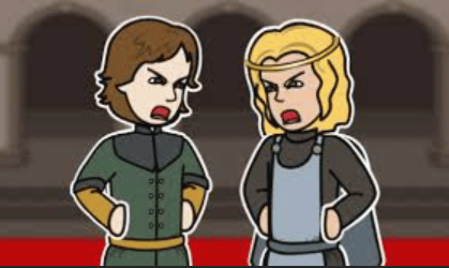 <p>Character vs. Character</p><p>3 multiple choice options</p>