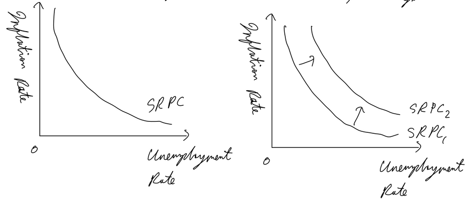 <p>shows inverse relationship between inflation and unemployment</p><p>SR PC assumes fixed SRAS, only movement along</p><p>when SRAS decreases, SRPC shifts out (inflation increases and output falls</p>