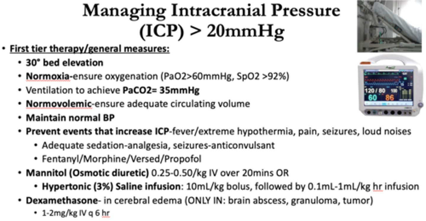 <p>need to relieve intercranial pressure</p><p>- shunt</p><p>- remove hematomas</p>