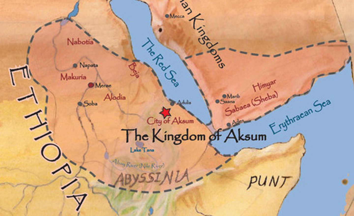 <p>Founded in the highlands of northern Ethiopia, adopted Christianity, built an empire that included most of Ethiopia as well as Yemen in southern Arabia.</p>