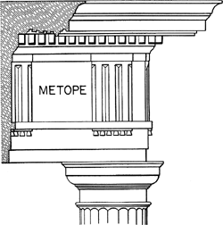 <p>a square space between triglyphs in a Doric frieze.</p>
