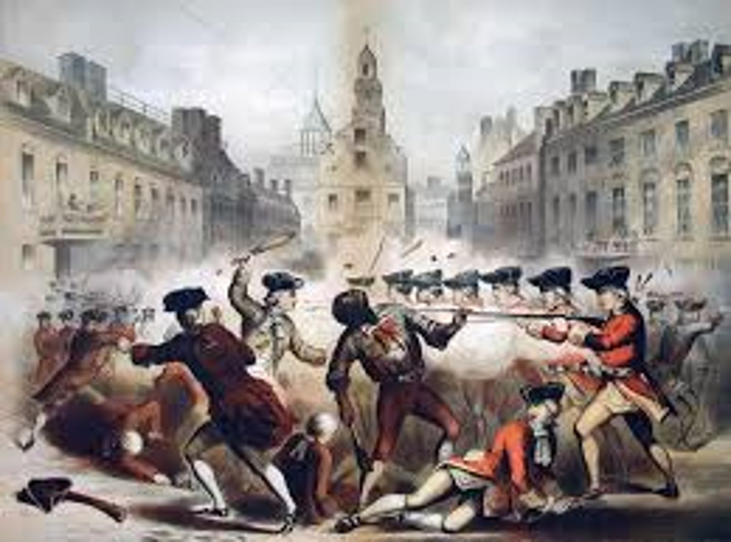 <p>date: march 5, 1770</p><p>The Boston Massacre was a confrontation in Boston on March 5, 1770, in which a group of nine British soldiers shot five people out of a crowd of three or four hundred who were abusing them verbally and throwing various missiles.</p>