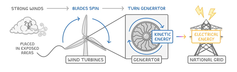 <p>blades on a wind turbine are blown, spinning a generator which generates electricity.</p>