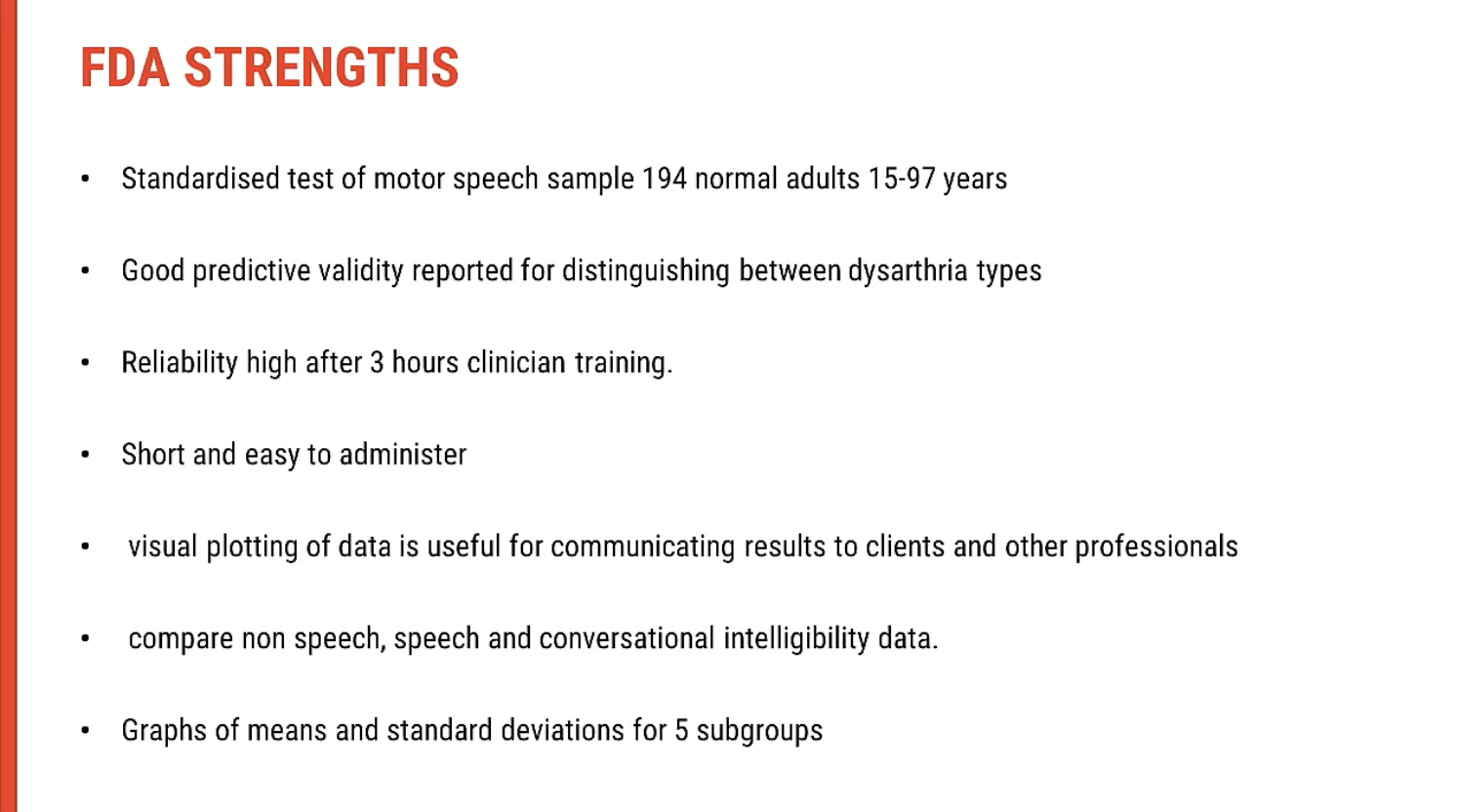 <p><span data-name="brain" data-type="emoji">🧠</span><span><strong>&nbsp;Assessment Process for Dysarthria: Managing Client Fatigue</strong></span></p><p>&nbsp;</p><p><span data-name="clock" data-type="emoji">🕰</span><span><strong>&nbsp;Multiple Sessions for Comprehensive Assessment</strong></span></p><p>Assessing <span><strong>dysarthria</strong></span> can be taxing for the client, especially if the presentation is <span><strong>more complex</strong></span> or involves <span><strong>multiple systems</strong></span>. To ensure accurate and manageable assessment, <span><strong>testing</strong></span> may be broken down into <span><strong>multiple sessions</strong></span>. This can help reduce fatigue and improve <span><strong>client cooperation</strong></span>, allowing for more detailed observations across <span><strong>speech subsystems</strong></span>.</p><p>&nbsp;</p><p><span data-name="man_lifting_weights" data-type="emoji">🏋‍♂️</span><span><strong>&nbsp;Strengths and Weaknesses Identification</strong></span></p><p>The goal of testing is to identify <span><strong>strengths</strong></span> and <span><strong>weaknesses</strong></span> in the client's <span><strong>speech systems</strong></span>:</p><ul><li><p><span><strong>Stronger Areas</strong>: These will generally fall within the&nbsp;<strong>80% range</strong>&nbsp;or higher, reflecting&nbsp;<strong>normal function</strong>&nbsp;or&nbsp;<strong>minimal impairment</strong>&nbsp;in specific subsystems.</span></p></li><li><p><span><strong>Weaker Areas</strong>: Subsystems showing&nbsp;<strong>reduced function</strong>&nbsp;or&nbsp;<strong>less than 80% performance</strong>&nbsp;indicate areas requiring&nbsp;<strong>further attention</strong>&nbsp;or&nbsp;<strong>therapy focus</strong>.</span></p></li></ul><p>&nbsp;</p><p><span data-name="brain" data-type="emoji">🧠</span><span><strong>&nbsp;Testing Components Breakdown</strong></span></p><p><span data-name="microphone" data-type="emoji">🎤</span><span><strong>&nbsp;Speech Motor Tasks</strong></span></p><p>Testing involves various <span><strong>speech motor tasks</strong></span> to assess <span><strong>articulation</strong></span>, <span><strong>respiration</strong></span>, <span><strong>phonation</strong></span>, and <span><strong>prosody</strong></span>. Clients may struggle with:</p><ul><li><p><span><strong>Consonant Precision</strong>: Difficulty articulating specific consonants clearly.</span></p></li><li><p><span><strong>Breathing Coordination</strong>: Issues coordinating breath with speech production, leading to&nbsp;<strong>breathy or strained voice</strong>.</span></p></li></ul><p><span data-name="bulb" data-type="emoji">💡</span><span><strong>&nbsp;Cognitive and Emotional Aspects</strong></span></p><p>In addition to physical aspects, clinicians should consider <span><strong>emotional factors</strong></span> that may affect speech:</p><ul><li><p><span><strong>Emotional Lability</strong>: Difficulty controlling emotions during speech.</span></p></li><li><p><span><strong>General Speech Fluency</strong>:&nbsp;<strong>Changes in pitch, loudness</strong>, or&nbsp;<strong>rate</strong>&nbsp;may be connected to underlying emotional challenges, not just motor function.</span></p></li><li><p><span><strong>Fatigue</strong>: Clients may show&nbsp;<strong>inconsistent performance</strong>&nbsp;due to fatigue, especially during longer tasks.</span></p></li></ul><p>&nbsp;</p><p><span data-name="bar_chart" data-type="emoji">📊</span><span><strong>&nbsp;Documenting Client Progress</strong></span></p><p>In the next sessions, document progress in <span><strong>strengths</strong></span> and <span><strong>weaknesses</strong></span>:</p><ul><li><p><span><strong>Resilient Areas</strong>: Can be acknowledged as areas of&nbsp;<strong>strength</strong>&nbsp;or&nbsp;<strong>mild difficulty</strong>.</span></p></li><li><p><span><strong>Progress Monitoring</strong>: Track improvements over time to assess the effectiveness of therapy and adapt the treatment approach accordingly.</span></p></li></ul><p></p>