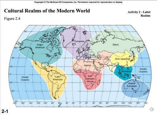 <p>Areas of the world that share cultural traits such as language families, religious traditions, food preferences, architecture, shared history, etc.</p><ol><li><p>North America</p></li><li><p>Latin America</p></li><li><p>Europe</p></li><li><p>Islamic</p></li><li><p>Sub-Saharan Africa</p></li><li><p>Slav</p></li><li><p>India</p></li><li><p>South-Eastern Asia</p></li><li><p>Australian-Oceanic</p></li><li><p>Sino-Japanese</p></li></ol>