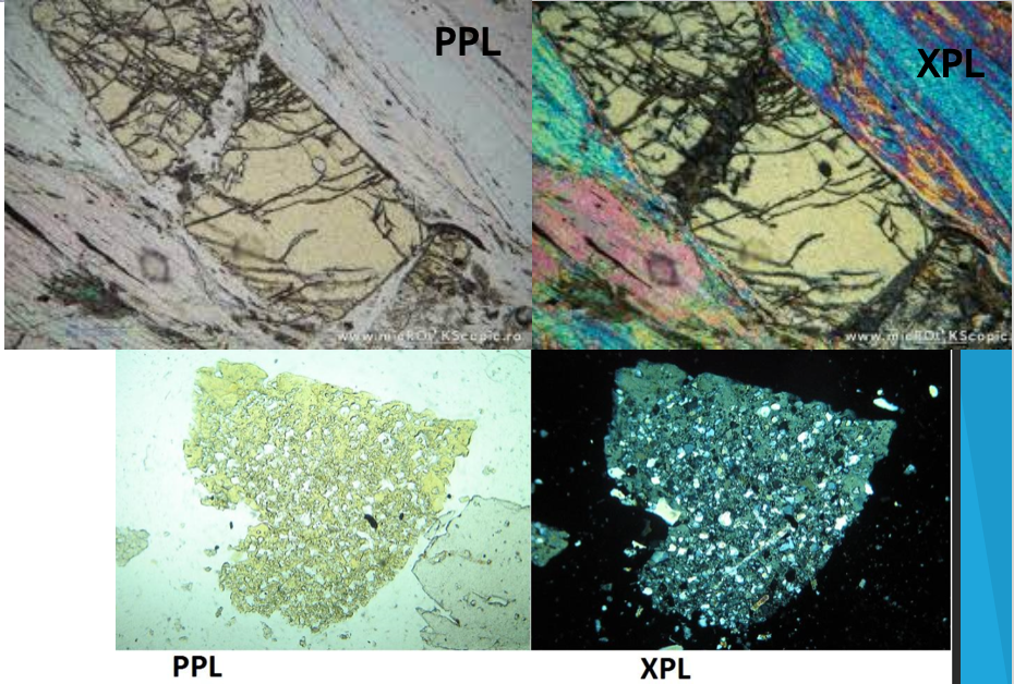 <p><span><mark data-color="#c2f3be" style="background-color: #c2f3be; color: inherit">Al<sub>9</sub>Fe<sub>2</sub> [(Si,Al)O<sub>4</sub>]<sub>4</sub>O<sub>6 </sub>(O,OH)<sub>2</sub></mark></span></p><p><strong>Orthosilicates (nesosilicates) </strong></p><p><span><strong>Hand Sample&nbsp;</strong></span></p><ul><li><p><span>Typically red-brown to black</span></p></li><li><p><span>metamorphic rocks associated&nbsp;</span></p></li><li><p><span>H&nbsp; ~7 to 7.5</span></p></li><li><p><span><em>Cross shaped penetration twins</em></span></p><p></p></li></ul><p><span><strong>PPL&nbsp;</strong></span></p><ul><li><p><span>pleochroic brown-yellow, inclusions rich, tabular to wedge shaped habit if euhedral</span></p></li></ul><p><span><strong>XPL&nbsp;</strong></span></p><ul><li><p><span>1<sup>st</sup> order (yellow to bluish) birefringence</span></p></li></ul><p></p>