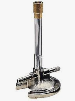 <p>provides heat, adjusts flame temperature by addition of air through the barrel, adjust flame height by turning the regulator valve</p>