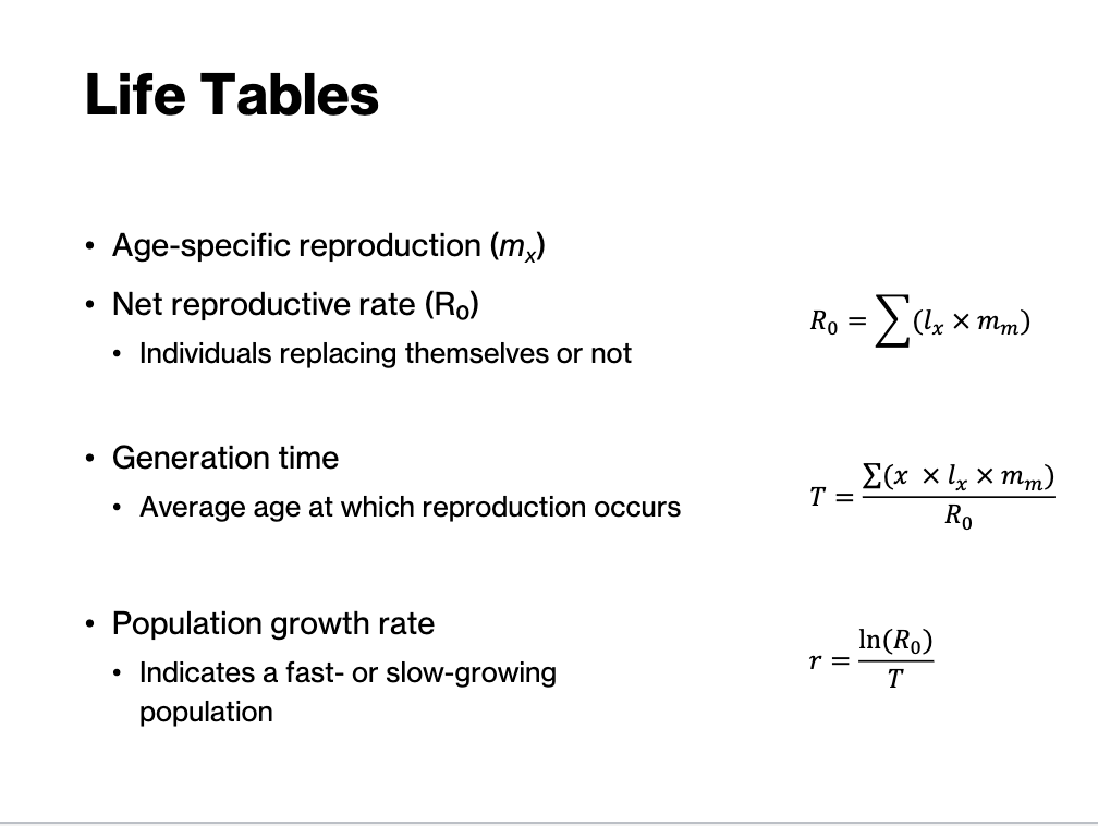 <p>Growth models measure the net reproductive rate (R0), average rate of reproduction (T), and total population growth rate. mx is age specific reproduction.&nbsp;</p>