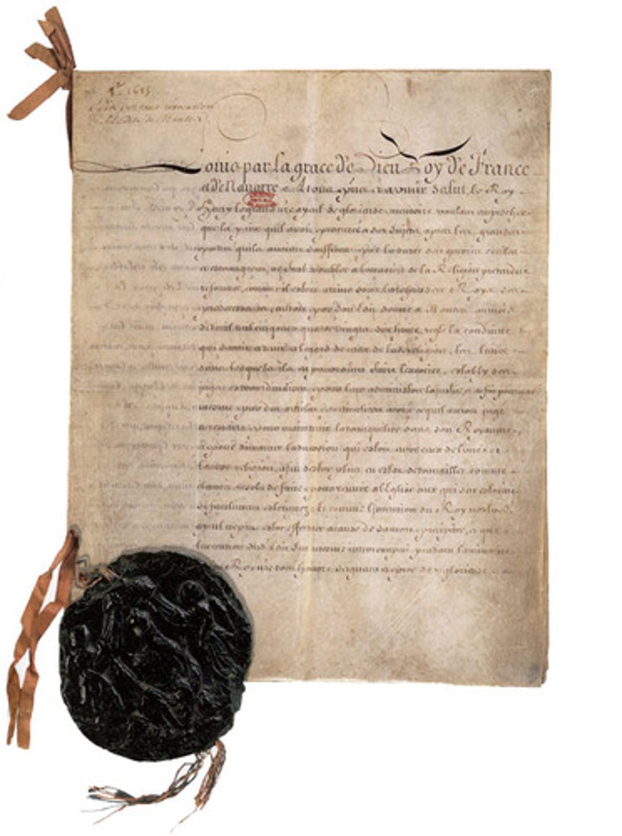 <p>a. Law made by King Henry IV<br>b. France<br>c. This law gave security, housing, and the ability to work in government to primarily Huguenots. Henry's goal was to ease religious issues and focus on gaining economic power. Thus, this document ensured religious toleration for Huguenots.</p>