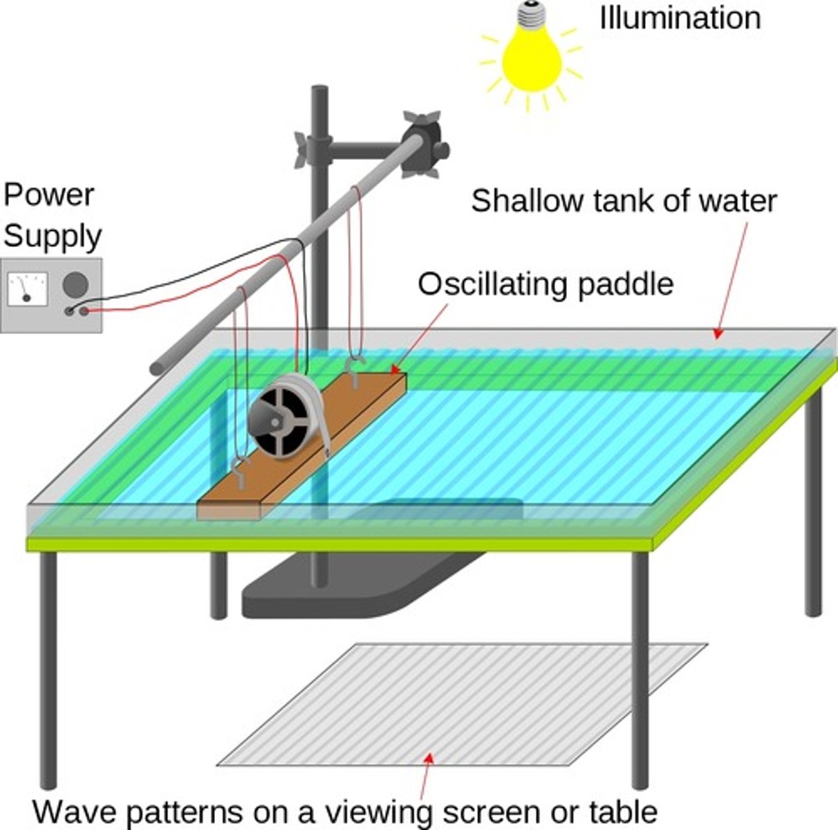 <p>In a ripple tank, straight wavefronts reflect off a barrier. The waves bounce back at the same angle they hit the surface, showing that the angle of incidence equals the angle of reflection. This demonstrates how reflection works for waves.</p>