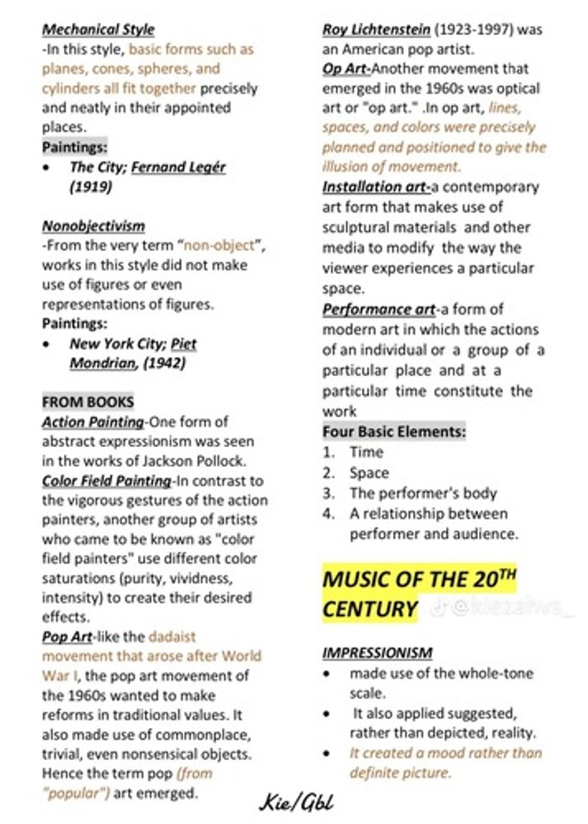 <p>Impressionism in music uses the whole-tone scale and suggests rather than depicts reality, creating mood.</p>
