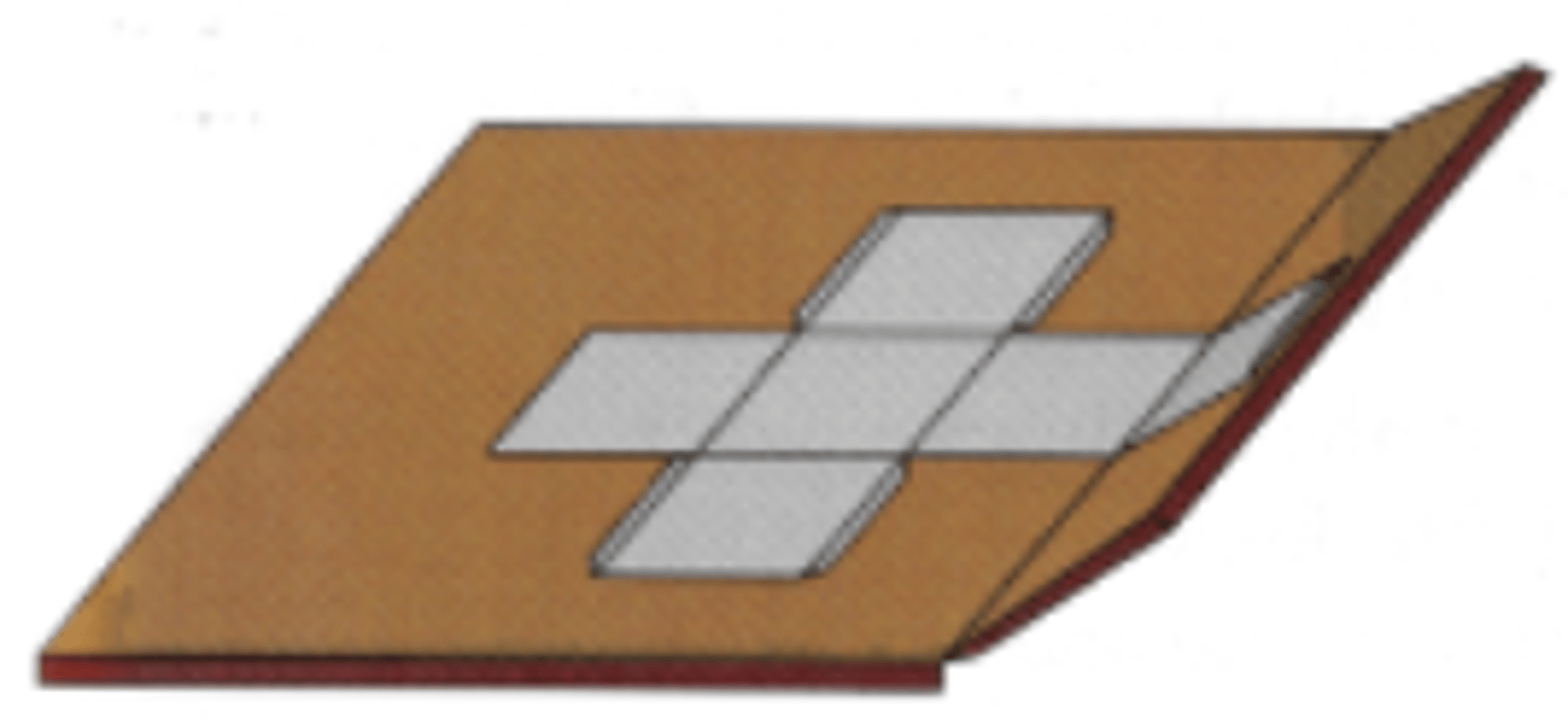 <p>Once a net is stamped out, it is placed on a folding table, where moving parts assist in automatically bending or folding the net. For example, when making boxes, the die-cut net is held in place while the sides of the box are bent along the creased lines.</p>