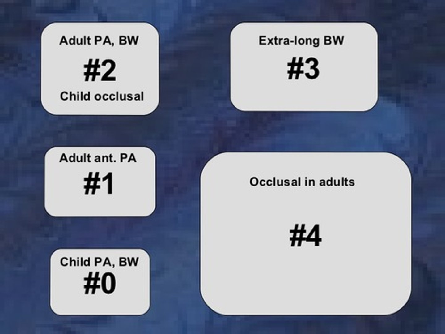 <p>For posterior teeth of older children and adults, placed horizontally or vertically</p>