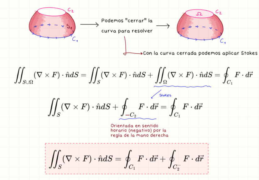 <p>Si una superficie tiene dos curvas de borde, se puede cerrar una de ellas artificialmente y aplicar Stokes considerando las orientaciones. El resultado es la suma de ambas integrales de línea. </p>
