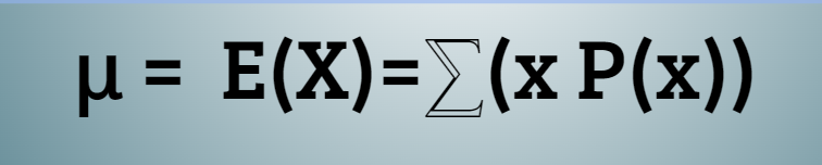 <p>𝝁= E(X) = <span>⅀(X(P(X))</span></p>