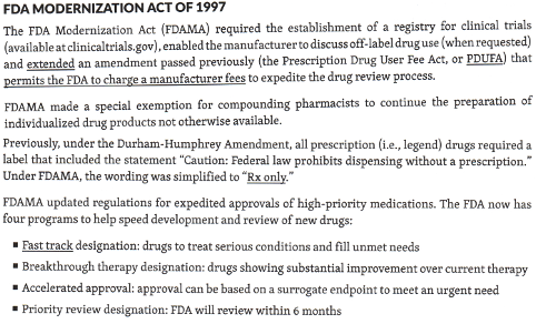 <p>The <strong>Food and Drug Administration Modernization Act (FDAMA) of 1997</strong></p><p>- updated the labeling requirement, <em>"Caution: Federal law prohibits dispensing without a prescription" , </em>has been <strong>replaced with</strong> “<strong>RX only</strong>“.</p><p><br>- created a <strong>fast-track process/approval process for high-priority drugs</strong></p>