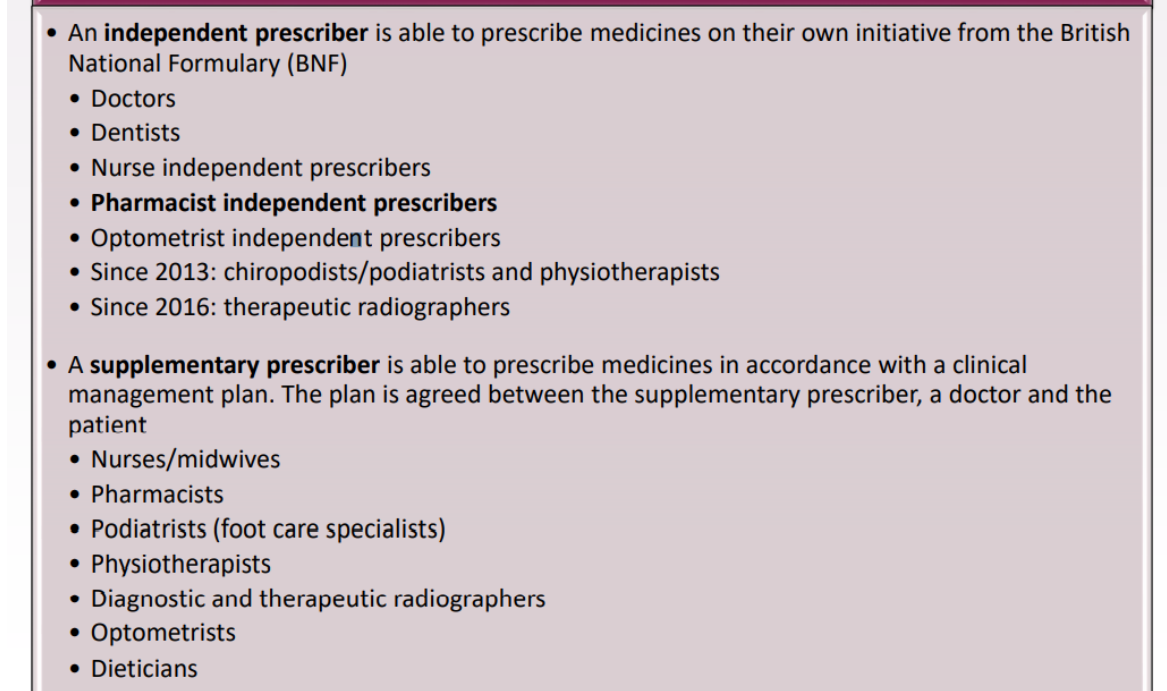 <p>-the supplementary prescriber can’t diagnose and prescribe on their own. It is a group effort</p>