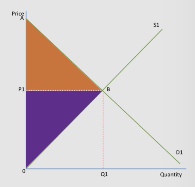 <p>Draw a demand curve and supply curve with equilibrium price and quantity. Consumer surplus is the triangular area above the market price and below the demand curve up to the equilibrium quantity.</p>