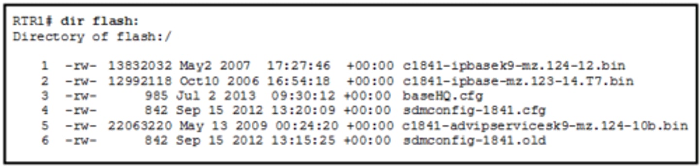 <p>Refer to the exhibit.</p><p>Which of the three Cisco IOS images shown will load into RAM?</p><p>-The router selects an image depending on the boot system command in the configuration.</p><p>-The router selects an image depending on the value of the configuration register.</p><p>-The router selects the third Cisco IOS image because it is the most recent IOS image.</p><p>-The router selects the third Cisco IOS image because it contains the advipservicesk9 image.</p><p>-The router selects the second Cisco IOS image because it is the smallest IOS image.</p>