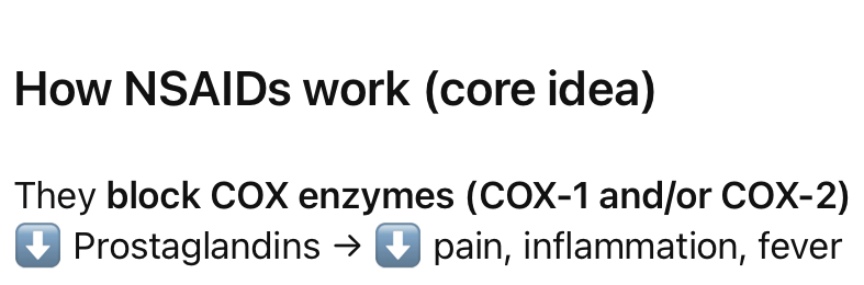 <p>NSAIDs reduce:</p><p></p><ul><li><p>Inflammation</p></li><li><p>Pain</p></li><li><p>Fever</p></li></ul><p></p>