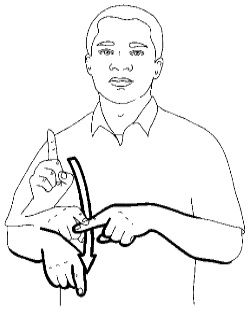 <p>Extend the index finger on both downward facing hands and bring one hand down to whack the fingernail of the other hand</p>